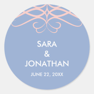Rose Quartz & Blue, Elegant Personalised Wedding Classic Round Sticker