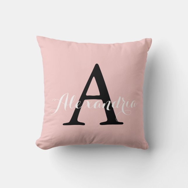 Rose Quartz Blush Baby Pink Solid Colour Monogram Cushion (Front)
