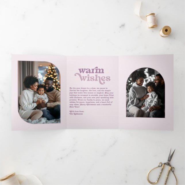 Rose Quartz Frost Cosy Vibes Retro Christmas Photo Tri-Fold Holiday Card (Inside)