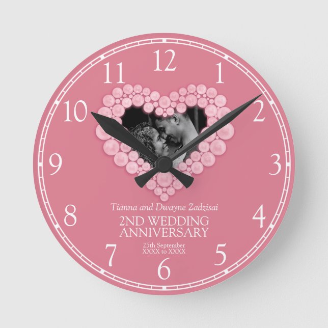 Rose quartz heart pink 2nd wedding anniversary round clock (Front)