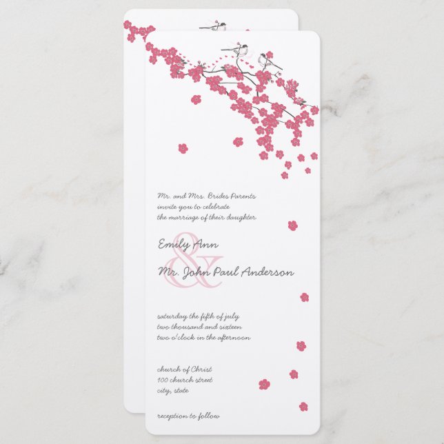 Rose Quartz Pink Cherry Blossom Chickadee Wedding Invitation (Front/Back)