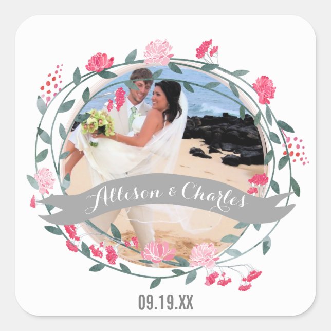 Rose Quartz Pink Personalised Your Wedding Photo Square Sticker (Front)