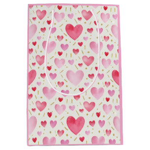 Rose Quartz Romance: Watercolor Hearts & Gold Medium Gift Bag
