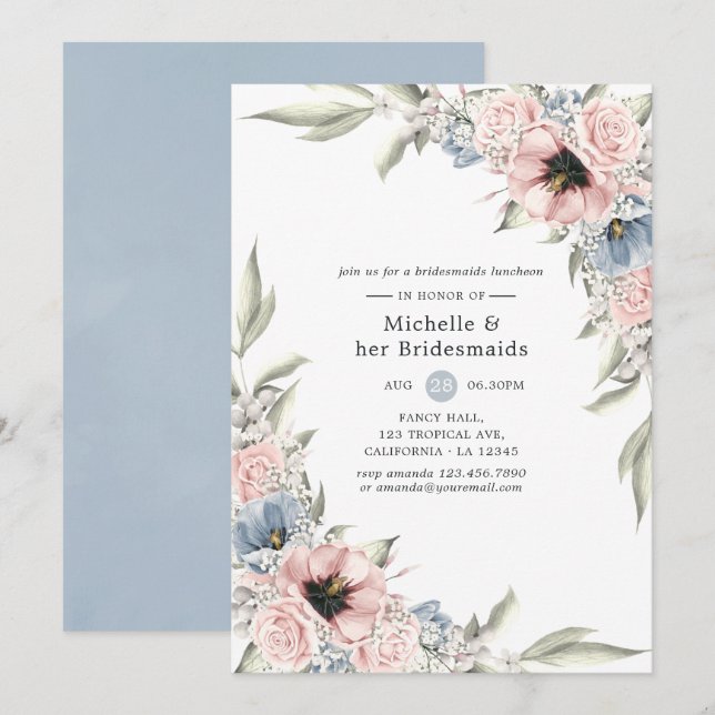 Rose Quartz & Serenity Floral Bridesmaids Luncheon Invitation (Front/Back)
