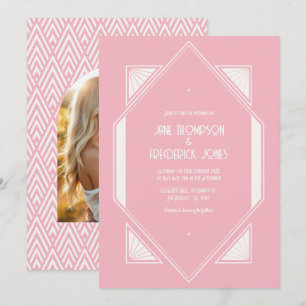 Rose Quartz & Soft Ivory Art Deco Wedding Photo Invitation
