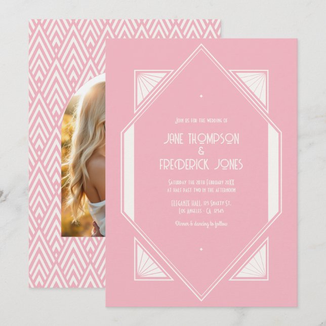 Rose Quartz & Soft Ivory Art Deco Wedding Photo Invitation (Front/Back)
