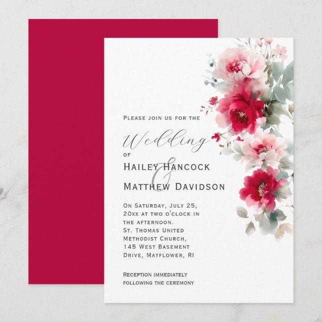 Rose Red and Pink Floral Wedding Invitation (Front/Back)