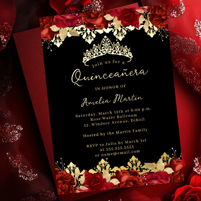Rose Red Gold Damask Floral Quinceanera (Creator Uploaded)