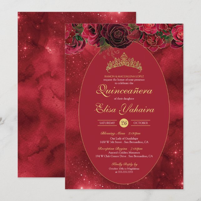 Rose Red Gold Luxury Butterfly Quinceanera Invitation (Front/Back)