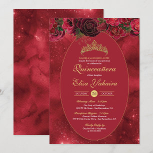 Rose Red Gold Luxury Butterfly Quinceanera Invitation