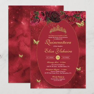 Rose Red Gold Luxury Butterfly Quinceanera Invitation