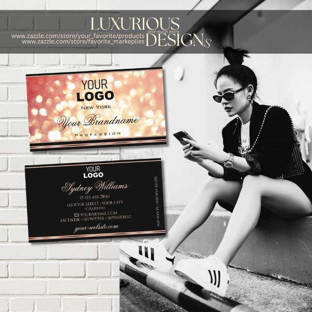 Rose Red Golden Glitter and Logo Elegant Black Business Card (Creator Uploaded)