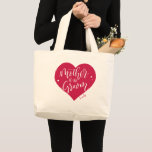 Rose red heart and script mother of the groom large tote bag<br><div class="desc">Cute Personalised mother of the groom tote bag features colour editable rose red heart shape,  modern script,  and custom name,  great wedding party gifts.</div>