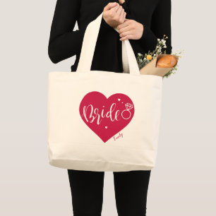 Rose red heart and script personalized bride large tote bag