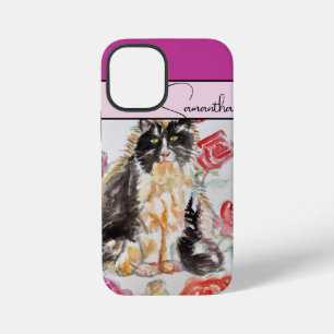Rose Red pink Watercolor Roses Tuxedo Cat Cats iPhone 12 Mini Case