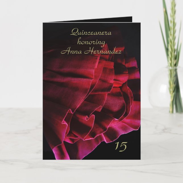 Rose red ruffles fancy dress black Quinceañera Invitation (Front)