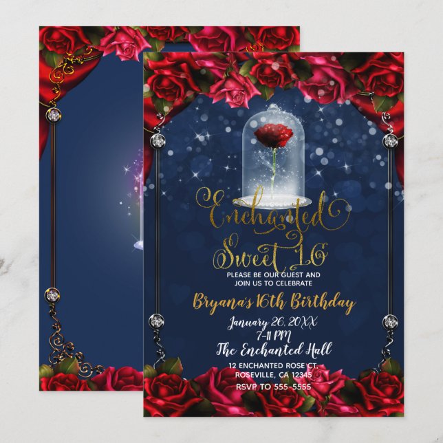 Rose Reds Navy Blue & Gold Sweet 16 Party Invitation (Front/Back)