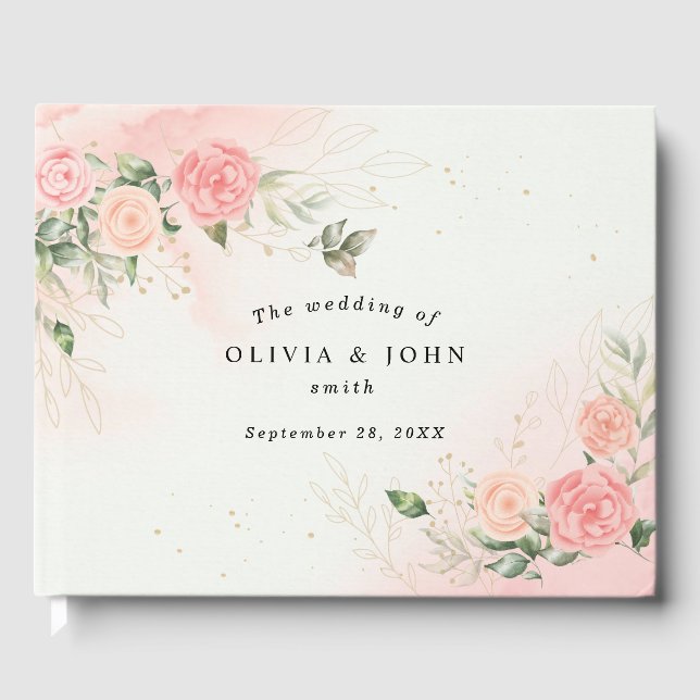 Rose Romantic Watercolor Wedding Pink Floral Guest Book (Front)
