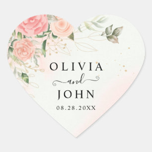 Rose Romantic Watercolor Wedding Pink Floral Heart Sticker