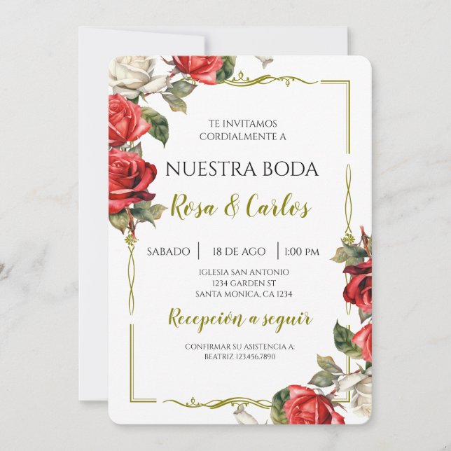 Rose Rose Spanish Wedding Invitation (Front)