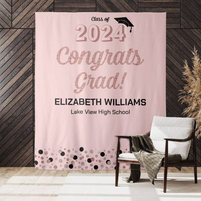 Rose Script Confetti Congrats Grad Pink Backdrop Tapestry (Creator Uploaded)