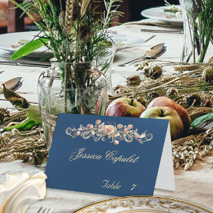 Rose Scroll & Heart Monogram - Blue Place Card