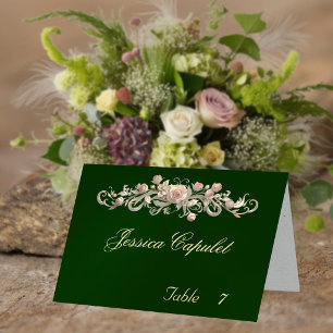 Rose Scroll & Heart Monogram - Emerald Place Card