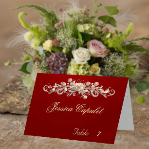 Rose Scroll & Heart Monogram - Red Place Card