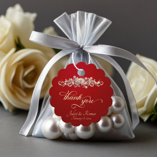 Rose Scroll & Monogram - Scalloped Red Favour Tags