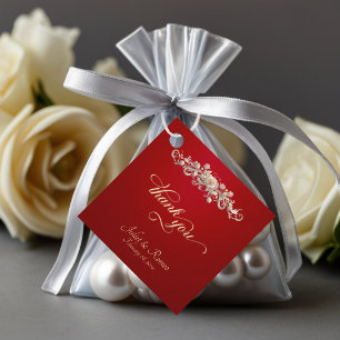Rose Scroll & Monogram - Square Red Favour Tags