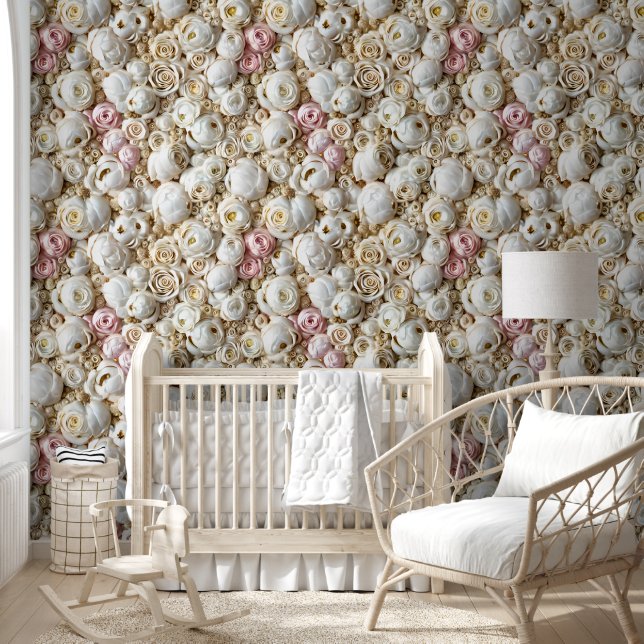Rose seamless pattern ivory white pink 3D luxury Wallpaper (Kids)
