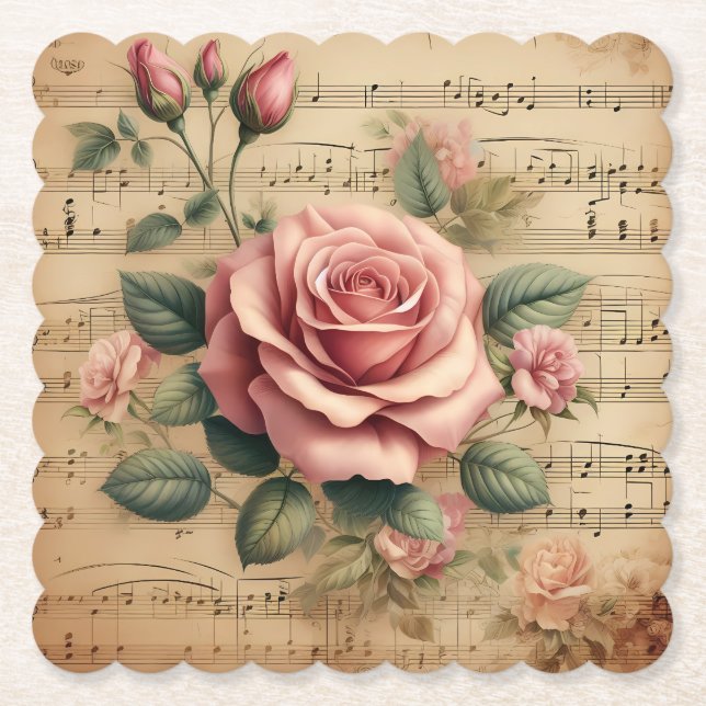 Rose & Sheet Music Paper Coasters – More Shapes  (Front)