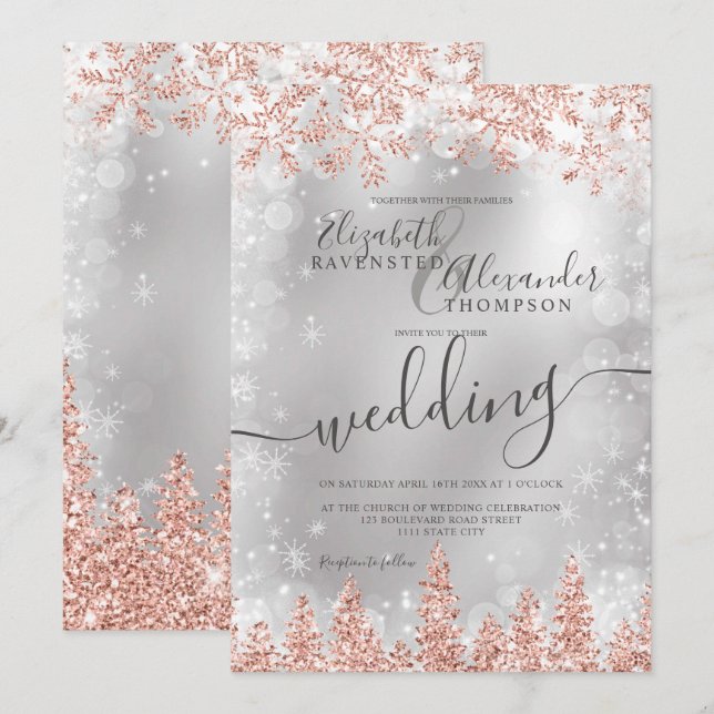Rose silver snow pine Christmas winter wedding Invitation (Front/Back)