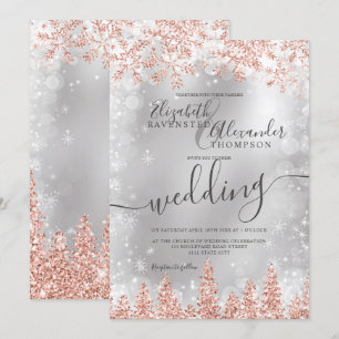 Rose silver snow pine Christmas winter wedding Invitation