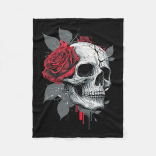 Rose Skeleton Skull Hand Red Flower Rose Fleece Blanket