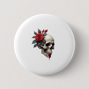 Rose Skeleton Skull Hand Red Flower Rose T-Shirt ( 6 Cm Round Badge