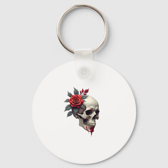 Rose Skeleton Skull Hand Red Flower Rose T-Shirt ( Key Ring (Front)