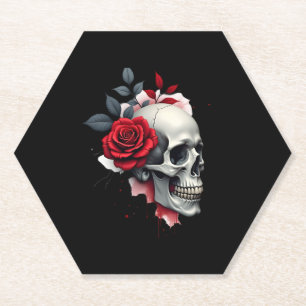 Rose Skeleton Skull Hand Red Flower Rose T-Shirt ( Paper Coaster