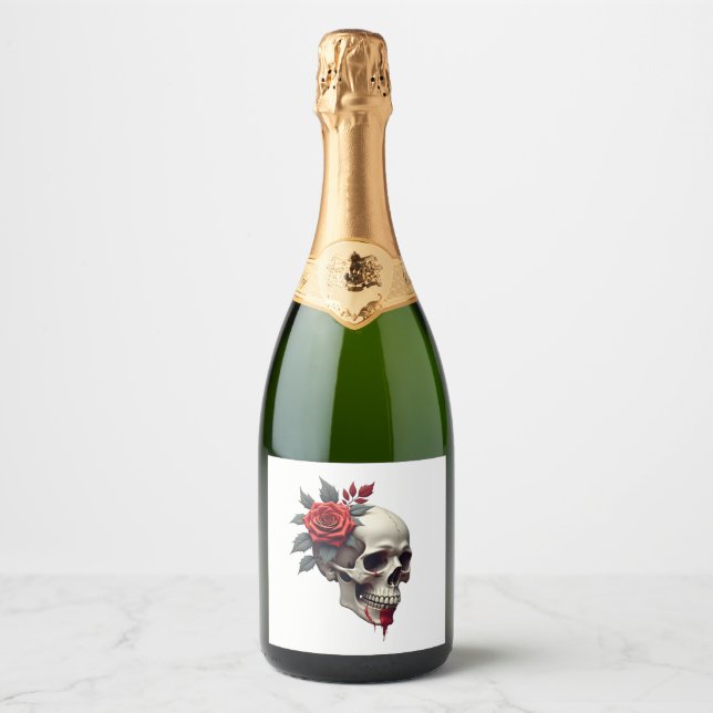 Rose Skeleton Skull Hand Red Flower Rose T-Shirt ( Sparkling Wine Label (Front)