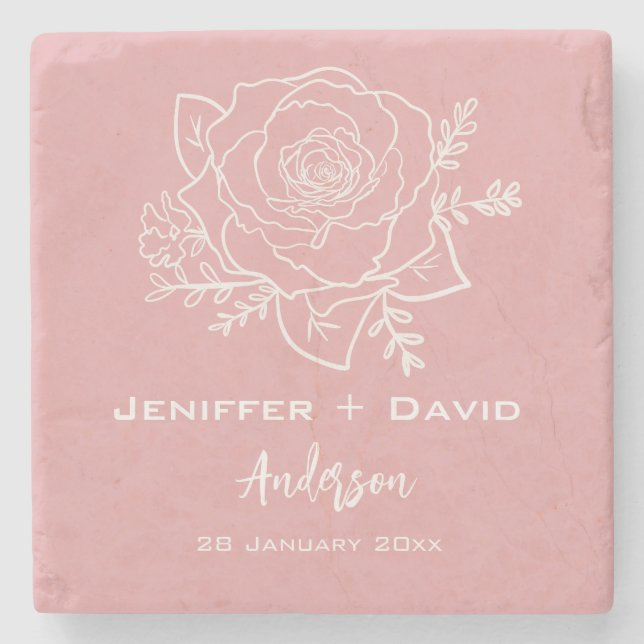 Rose Sketch Personalised Wedding/ Bridal Shower  Stone Coaster (Front)