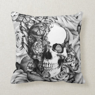 Rose skull with butterflies in black and white. cushion