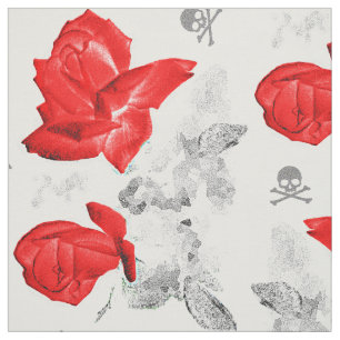 Rose Skulls Gothic Red/Grey Pattern Fabric