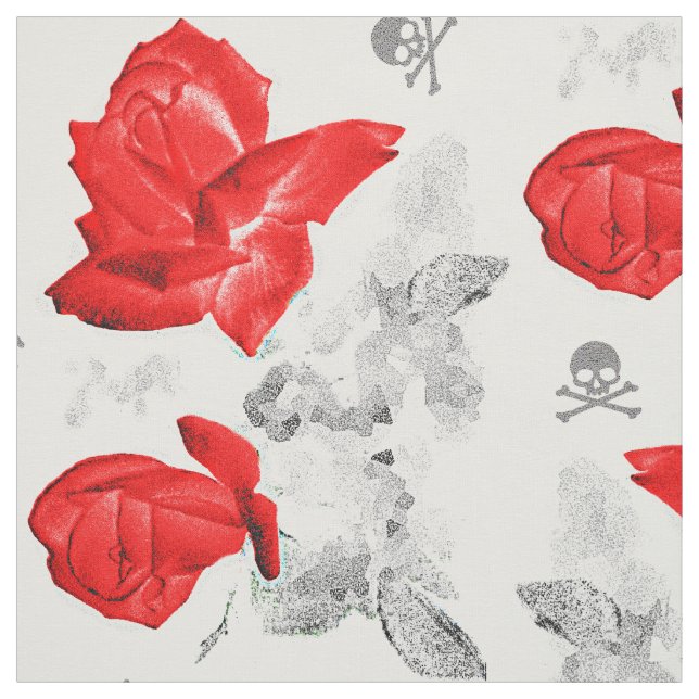 Rose Skulls Gothic Red/Grey Pattern Fabric (Swatch)