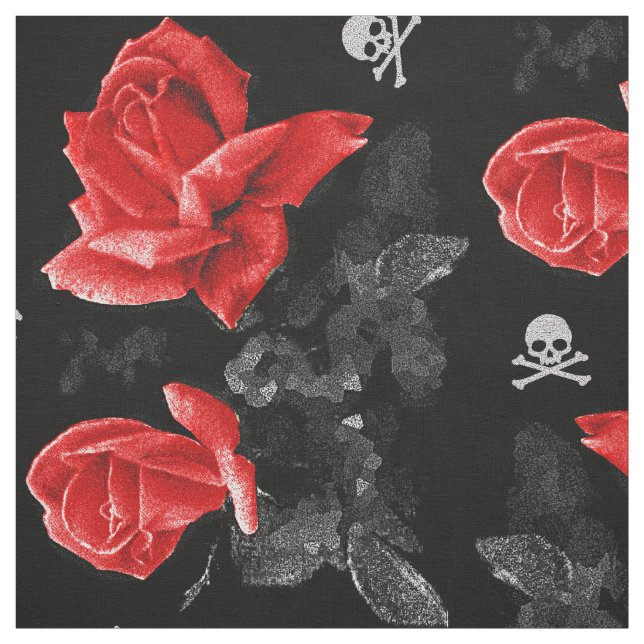 Rose Skulls Gothic Red Pattern Fabric (Swatch)
