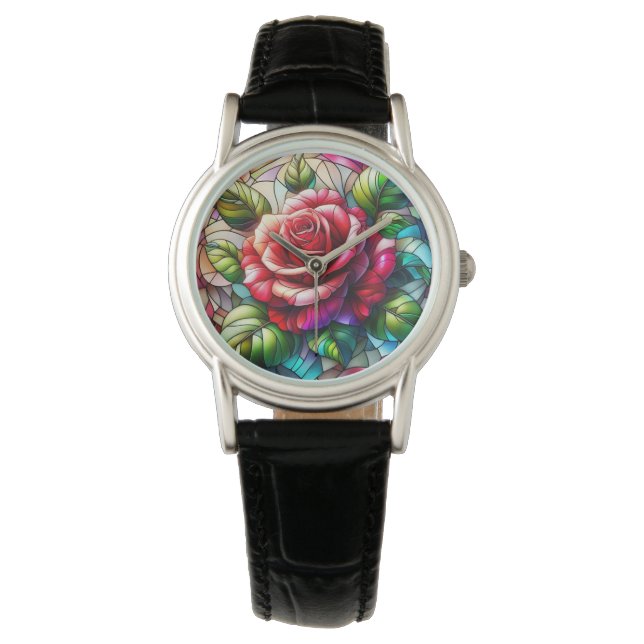 Rose Stained Glass Effect Elegant Floral Design Watch (Front)