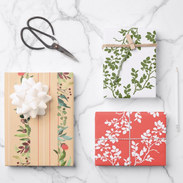 Rose Stems and Border Stripe Assorted Wrapping Paper Sheet (Front)