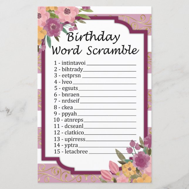 Rose Striped Birthday Word Scramble Game (Front)