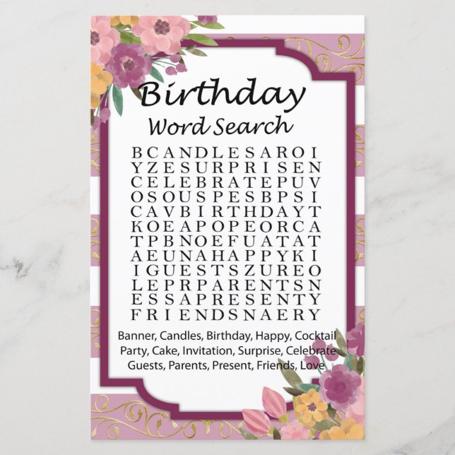 Rose Striped Birthday word search game (Front)