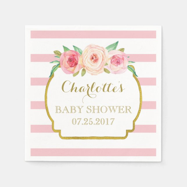 Rose Stripes Gold Pink Floral Baby Shower Napkin (Front)