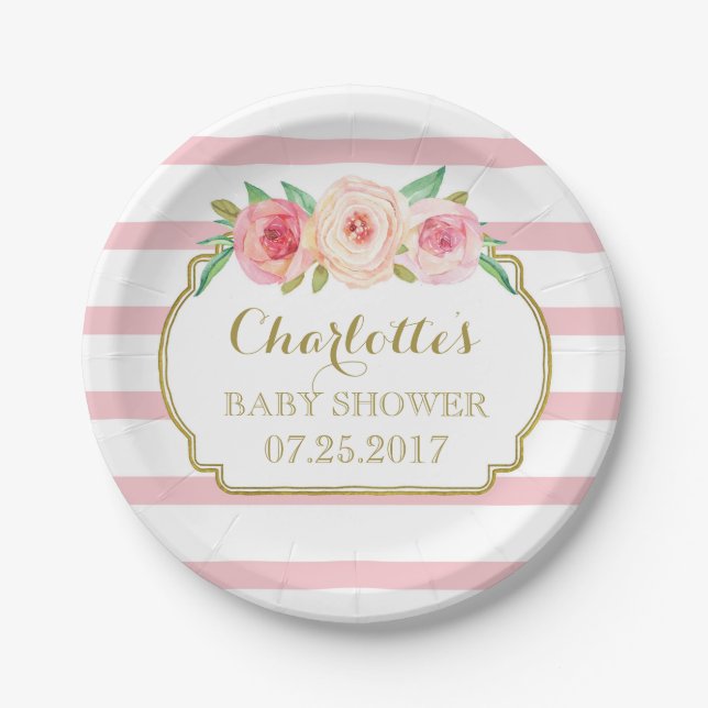 Rose Stripes Gold Pink Floral Baby Shower Plate (Front)